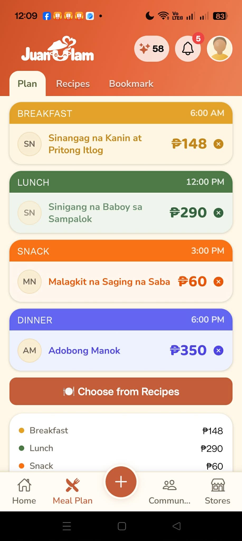 Meal plan for the day