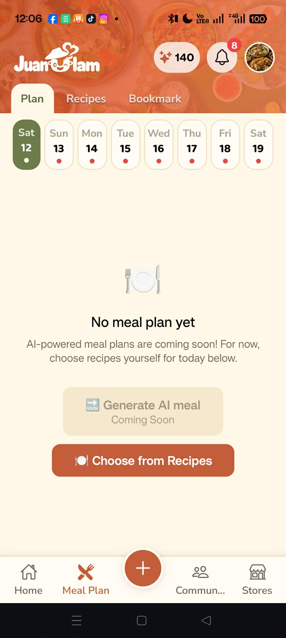 Seven-day meal plan screen