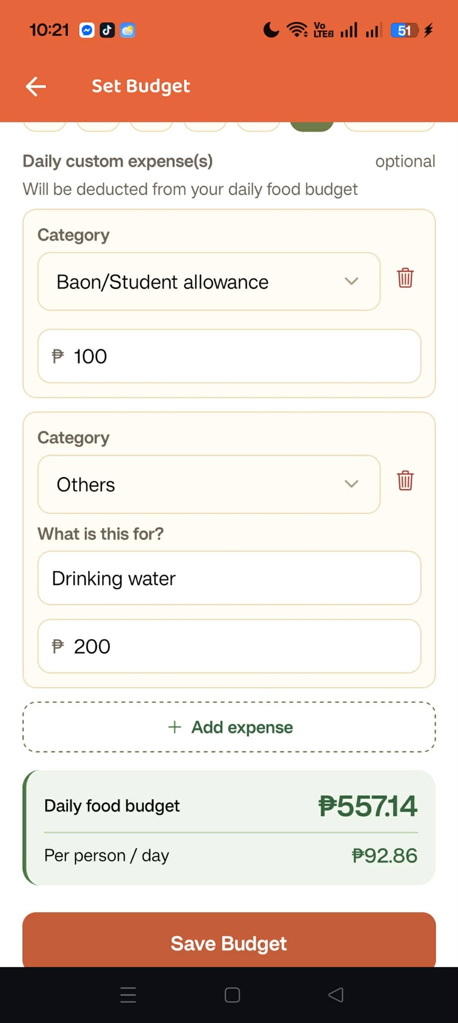 Set budget screen with daily custom expenses
