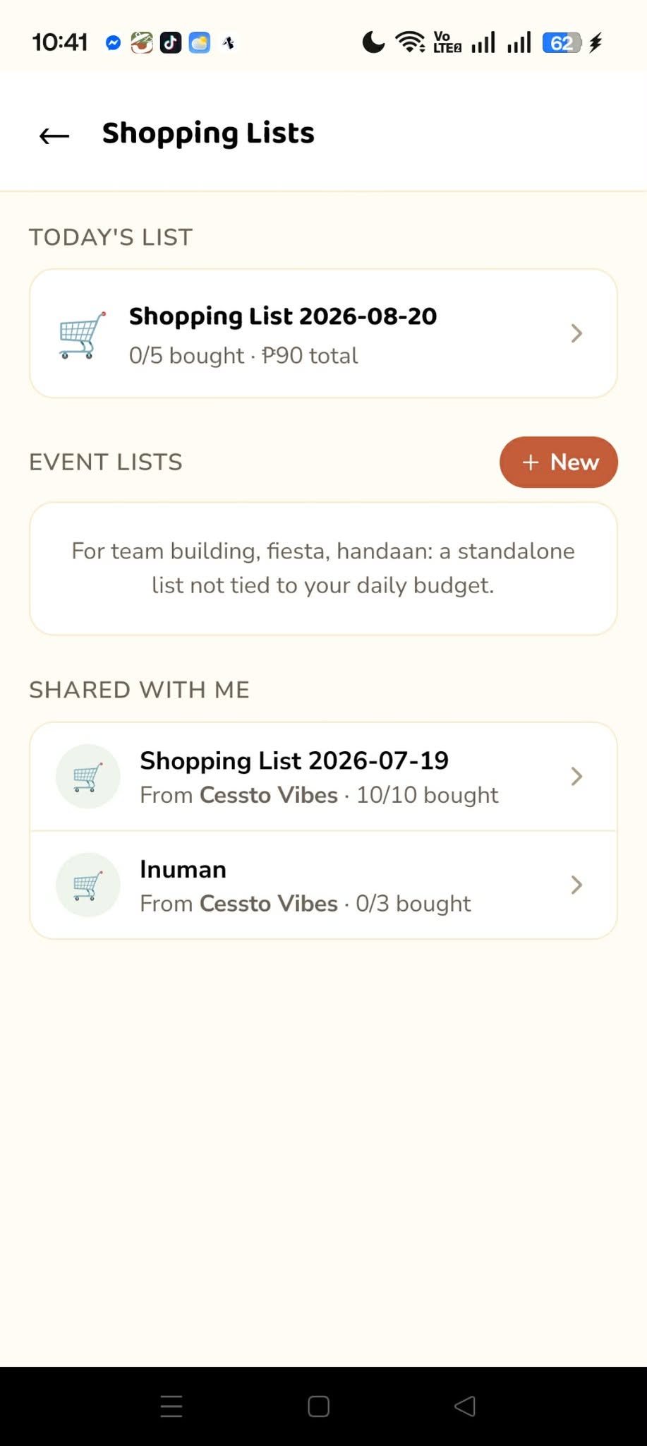 Shopping lists shared with the household