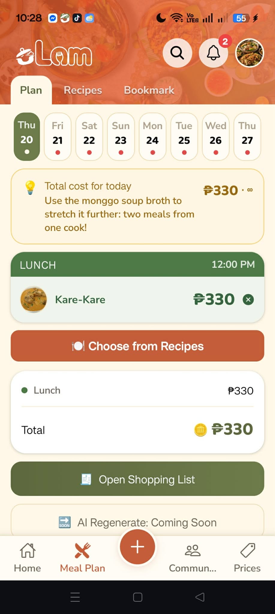 Meal plan for the day