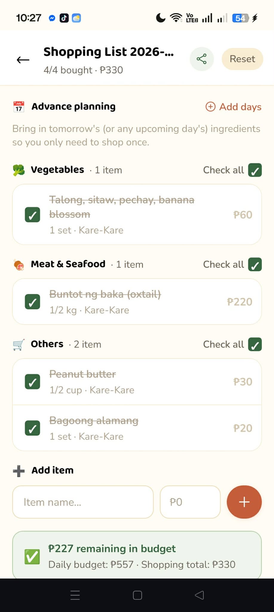 Shopping list with prices