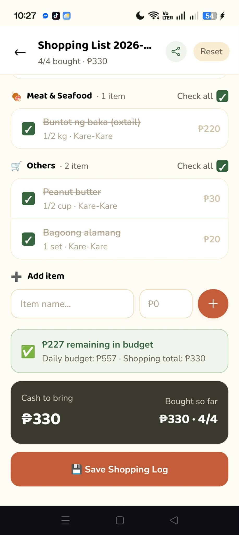 Cash to bring and shopping log