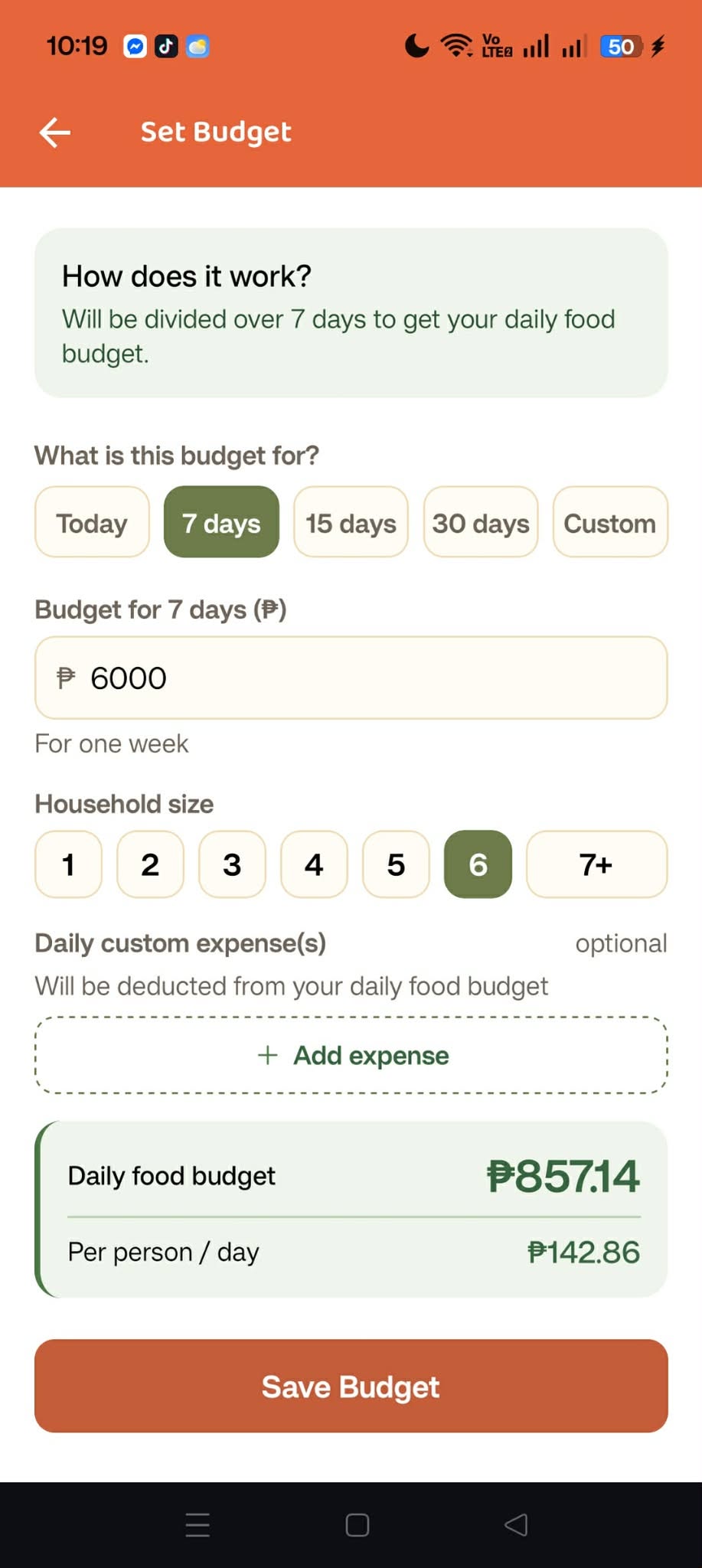 Set Budget screen